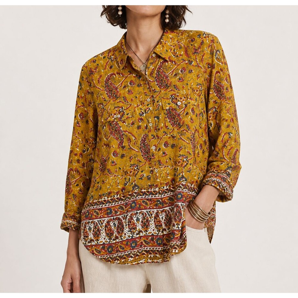Sundance Yellow Paisley Button Up Shirt Size Small Boho Artisan Eclectic Western